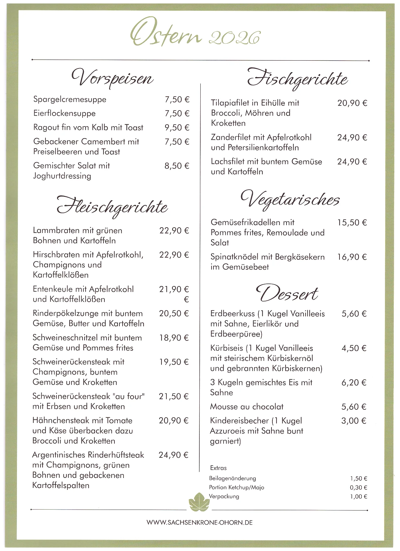Speisekarte Ostern 2026